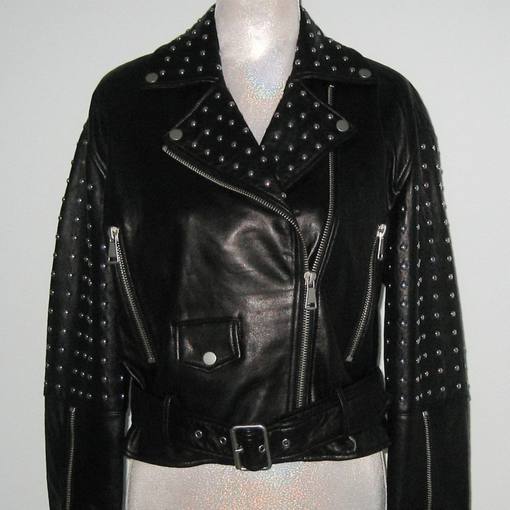 NWT Bagatelle NYC STUDDED Leather BIKER / MOTORCYCLE Jacket S Black MSRP $379